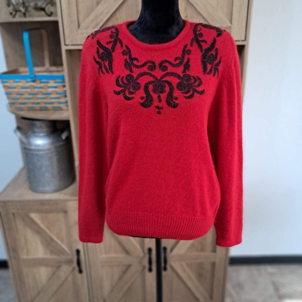 Vintage Karen Scott Red Beaded Knit Sweater Women's Sm Silk Wool Blend Holiday